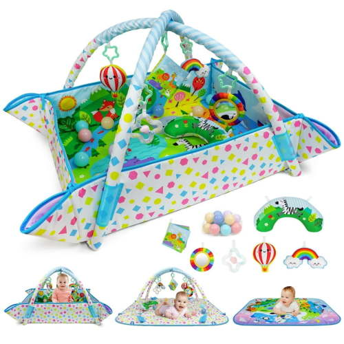 Dr.Rapeti Baby Play Gym Mat with Ball Pit 47x40 inches Colorful Animal Planet Style Activity Gym Center Tummy Time Mat for Newborn Infant Baby Toddler