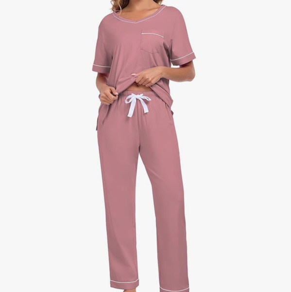 CF Women's 100% Cotton Pajama Sets Soft Short Sleeve Tops & Pants 2 Piece Lounge set Sleepwear with Pockets Ladies Summer Pjs