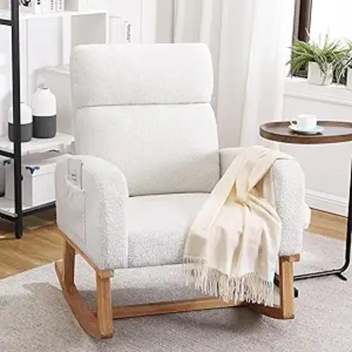Rocking Chair Nursery, Sherpa Nursing Rocking Armchair for Mom Nursery Morden Rocker Chair with High Backrest for Living Room,Bedroom,Teddy White