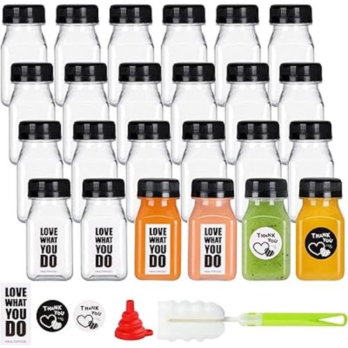 24 Pack 4oz Empty PET Plastic Juice Bottles with Leak-Proof Caps Lids, Reusable Clear Water Bottle Food Grade Bulk Beverage Containers for Juicing Smoothie Milk and Other Beverages