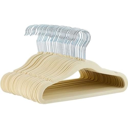 Amazon Basics Kids Space Saving Velvet Non-Slip Clothes Hangers with Shoulder Notches for Infant and Toddler, 11.6", Beige, 50-Pack