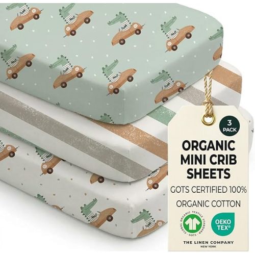 100% Organic Cotton Mini Crib Sheets (3-Pack) – GOTS Certified, Soft Fitted Sheets for Mini Mattress & Pack n Play, 5 in Deep Pocket with Secure Elastic Fit, Boys & Girls, (27" x 39") Croc Race