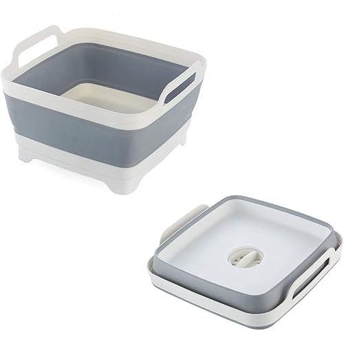 Collapsible Dish Pans for Washing Dishes 9L Portable Wash Dish Basin Foldable Laundry Tub with Drain Plug for Kitchen Sink Camping RV Accessories