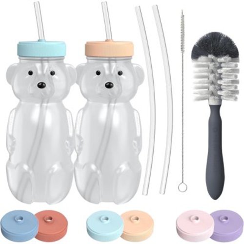 The 730 Project Honey Bear Straw Cup Leak-Proof Lid Bottle Brush - 4 Straws, 2-Pack 8 oz & Brush, Aqua & Peach