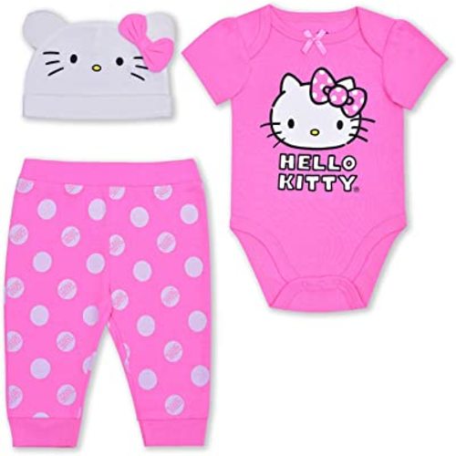 Hello Kitty 2 Piece Pink and White Polka Dot Print Creeper and Jogger Set