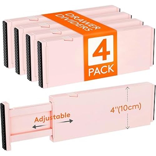 Lifewit 4 Pack Drawer Dividers Plastic 4" High, 11-17" Adjustable Drawer Organizers for Clothes, Expandable Dresser Separators in Bedroom/Bathroom/Kitchen/Office Organization and Storage, Pink