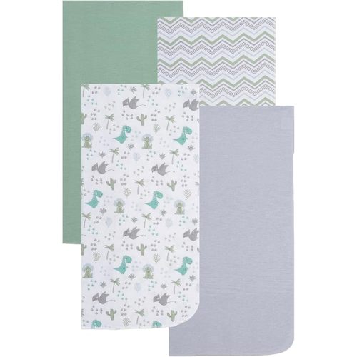 EVERYDAY KIDS 4 Pack Soft Flannel Receiving Blanket Set for Boys; Green/Gray Baby Swaddle Blankets for Newborn Nursery with Baby Dinosaurs, Chevron Striped Pattern, Solids