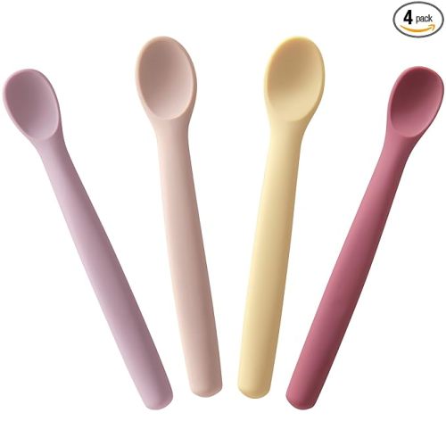 Moonkie Silicone Baby Spoons Set of 4, Toddler Spoons for Self Feeding 6 Months, Two Sizes Feeding Spoons for First Stage 4+ Months, Baby Utensils, Bendable, Chewproof & Boil-proof (Without Case)