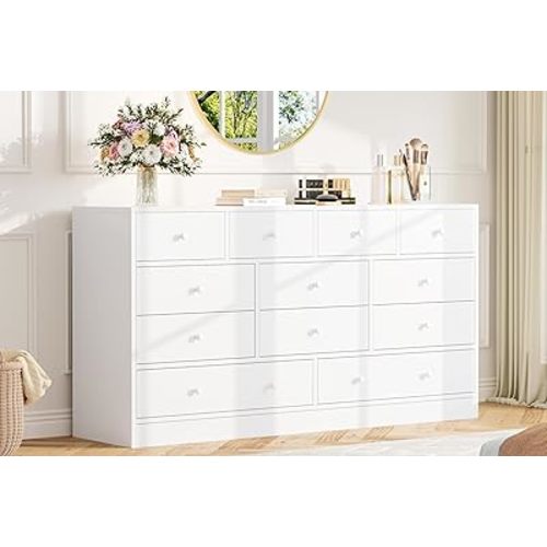 GarveeHome 12 Drawer Dresser for Bedroom, 61 Inch Wood Dresser with Power Outlet, Wide Chest of Drawers for Living Room, Hallway, Tall Dressers with Smooth Metal Rail, Large Storage, White