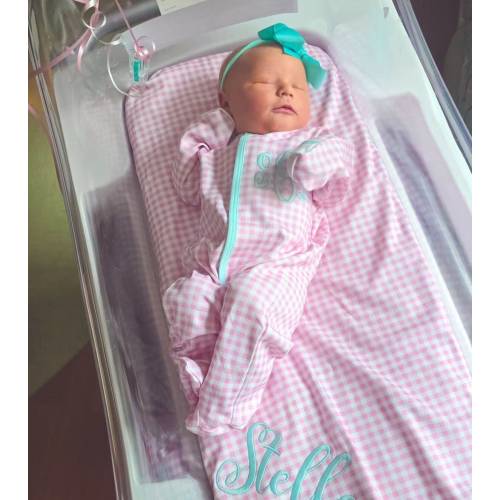 baby girl coming home outfit, pink check, sk creations, mint and pink