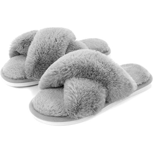 Metog Women's Fuzzy Slippers House Slippers Cross Band Slippers Indoor Outdoor Soft Open Toe Slippers