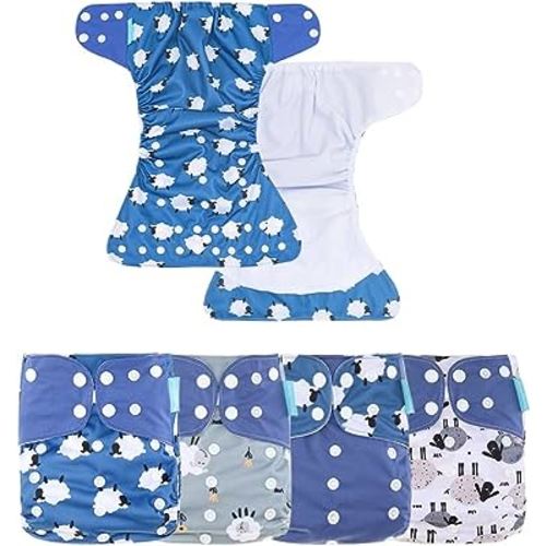HappyFlute 4 Sets Newborn Baby Cloth Pocket Diapers One Size Adjustable Reusable for Baby Boys and Girls(No Inserts,Blue)