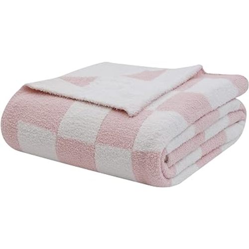 bearberry Fuzzy Checkerboard Grid Throw Blanket Soft Cozy Warm Microfiber Blanket Decor for Couch Sofa Bed Travel Home (Pink, 50''x60'')