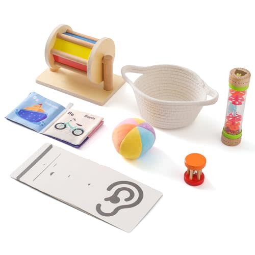 WOODEN TEETHER Montessori Toys for Babies 0-6 Months, Educational Learning Montessori Toy Set, Rainbow Ball,Baby Roller, Spinning Drum, Tummy Time Cards, Cognition Crinkle Bag,Beaded Raindrops