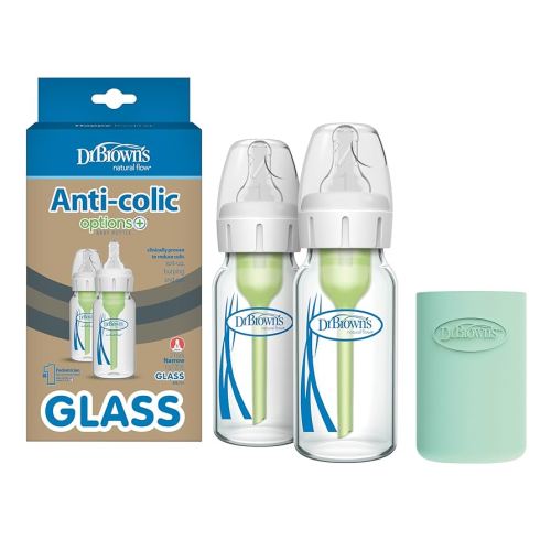 Dr. Brown's Natural Flow Anti-Colic Options+ Narrow Glass Baby Bottle 4 oz/120 mL & Natural Flow Options+ Glass Baby Bottle Sleeves,100% Silicone,4 oz,Narrow,Mint