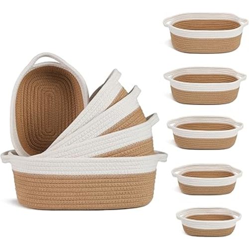 VOOWO Set of 5 Rope Basket, Woven Rope Baskets for Storage, Baskets for Gifts Empty, Small Rope Basket for Organizing, Nursery Rope Basket, Small Basket, Woven Basket for Shelves (Off White & Jute)