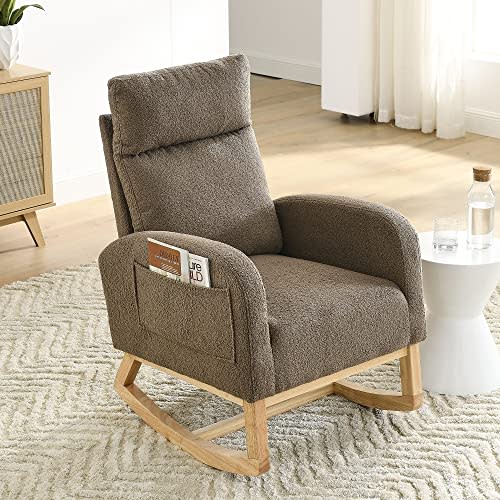 Krinana Nursery Rocking Chair with Solid Wood Legs, Glider Chair for Nursery with Two Side Pockets, Rocker Armchair for Living Room Bedroom (Coffee, Teddy Fabric)