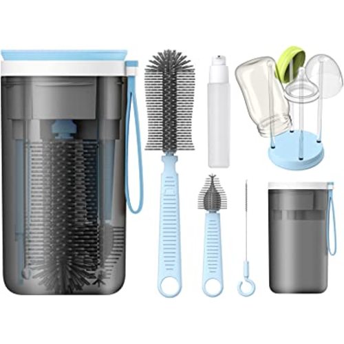 Baby Bottle Brush Cleaner Kit - Blue, 6-in-1 Travel Essentials with Soap Dispenser, Drying Rack, and Liquid Silicone Bristles
