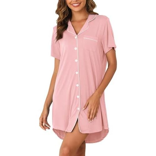 Women's Nightgown Short Sleeve Pajama Dress Soft Button Down Sleep Shirts Comfy Boyfriend Nightdress S-XXL