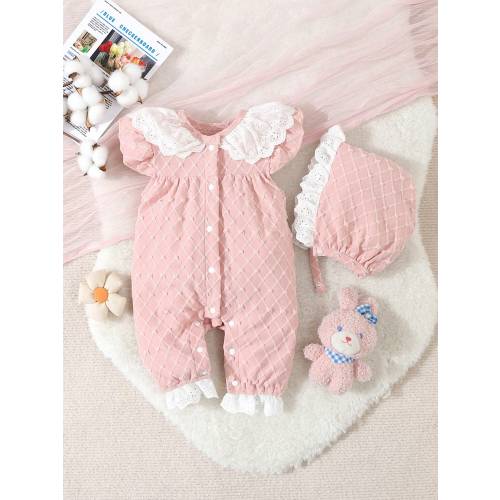 Baby Girls' Pink Simple Style Short Sleeve Long Jumpsuit With White Lace Edge For Home-Wear