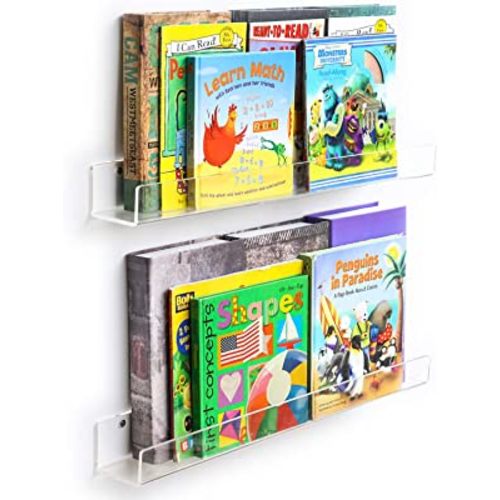 NIUBEE Acrylic 2 Packs Invisible Floating Bookshelves 24 inches,Kids Clear Wall Bookshelves Display Book Shelf,50% Thicker with Screwdriver