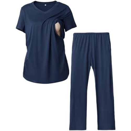 Rnxrbb V Neck Nursing Pajamas Set Postpartum Pjs Maternity Breastfeeding sleepwear for Women with Pockets 2 Pack