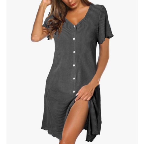 Ekouaer Button Down Nightgowns for Women Short Sleeve Waffle Knit Sleepwear V Neck Womens Nightgown S-XXL