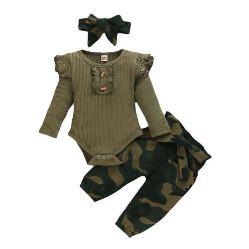 Newborn Girl's Camo Outfit - Long Sleeve Romper, Pants, Headband, 3PCS, Army Green, 0-3 Months