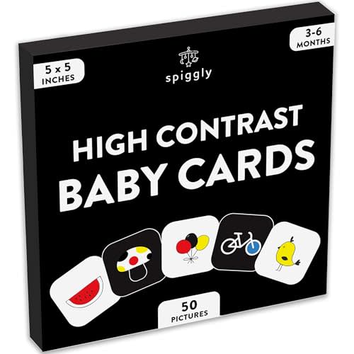Spiggly High Contrast Baby Flashcards Black White Color Newborn Brain Development Toys Visual Stimulation Learning Activity Cards 50 Pictures for Newborn Activities Educational Infants Gift 3-6 Months