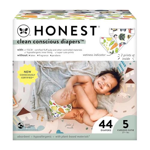 The Honest Company Clean Conscious Diapers for Sensitive Skin | Hypoallergenic, Fragrance Free | Gender Neutral Prints | Club Box, Size 5 (27+ lbs), 44 Count (Prints May Temporarily Vary)