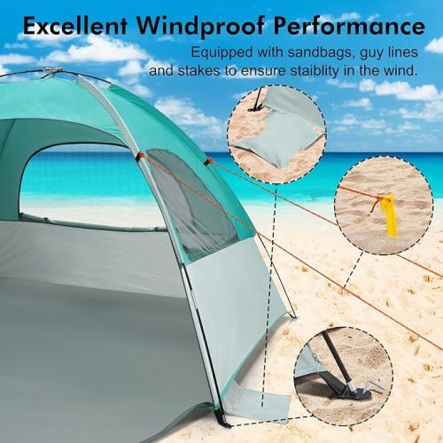 WhiteFang Beach Tent Anti-UV Portable Sun Shade Shelter for 3/4/6/8 Person, Extendable Floor with 3 Ventilating Mesh Windows Plus Carrying Bag, Stakes and Guy Lines