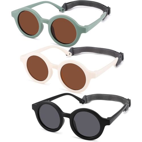 NULOOQ Bendable Polarized Baby Sunglasses with Strap Round Flexible for Infant Newborn & Toddler Age 0-24 Months (Pink/Brown + Beige/Brown + Green/Brown) - 3 Pack