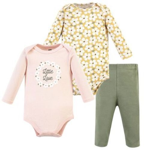Hudson Baby Infant Girl Cotton Bodysuit and Pant Set, Sage Floral Wreath Long Sleeve, Newborn