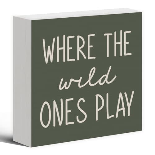 Where The Wild Ones Play Green Wood Box Sign Desk Decor 5X5, Nursery Kids Room Wooden Block Sign Decorations for Playroom Toddler Boys Girls Room Wall Tabletop Shelf Decor