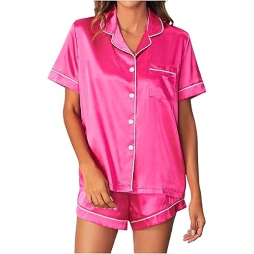 SOLY HUX Women's Short Sleeve Satin Sleepwear Button Down Shirt & Shorts Pajama Set