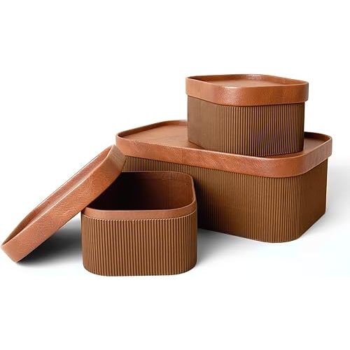 LA JOLIE MUSE Fluted Cardboard Storage Baskets with Leather-Like Lids, Sturdy Stackable Paper Boxes Decorative Tray, Chocolate Brown, Set of 3