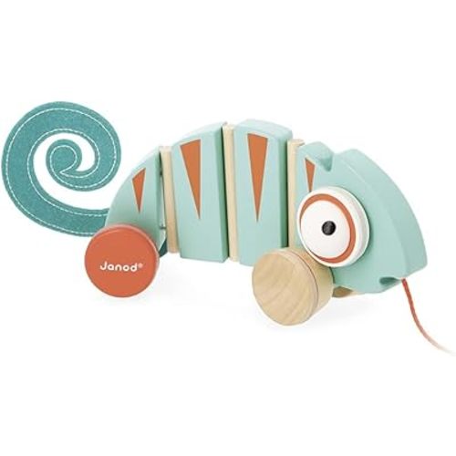 Janod - Tropik Pull-Along Chameleon - Wooden Early-Learning Toy - Silent Wheels - Educational Walking and Balancing Toy - Water-Based Paint - 1 Year + J08264