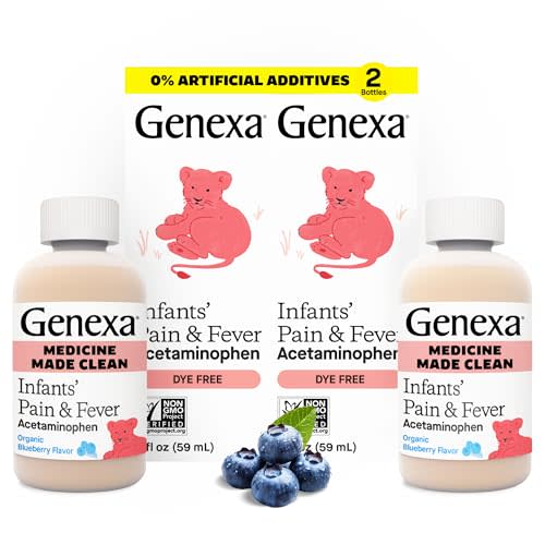 Genexa Infants Clean Pain & Fever Acetaminophen, Dye Free, 0% Artificial Additives, Delicious Organic Blueberry Flavor, Liquid Oral Suspension Medicine for Baby, 160 mg per 5mL, 4 fl oz (2 Pack)