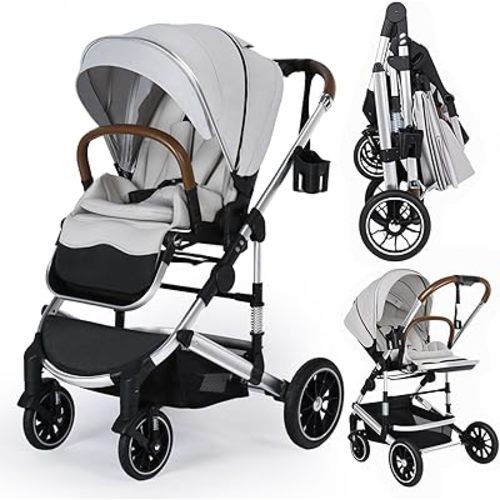 Kinder King Convertible Baby Stroller for Infant and Newborn, Foldable High Landscape Infant Carriage with Reversible Seat, Large Canopy, 5-Point Strap Anti-Shock Toddler Pushchair Stroller, Gray