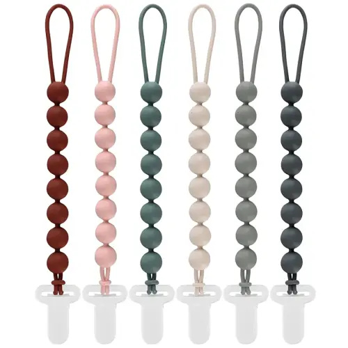 6-Pack Silicone Pacifier Clips for Babies, Safe Teething Beads, Rust-Free Holders, Baby Boy and Girl Essentials, Newborn Must-Have Accessories, BPA-Free