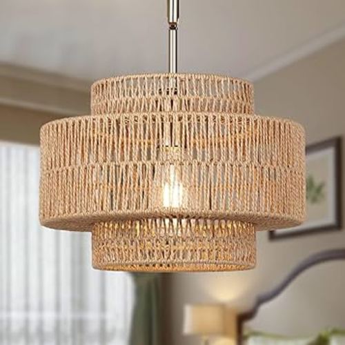 1-Light Boho Rattan Chandelier Light Fixture, 12.4” Hand Woven Pendant Light Fixture Farmhouse Rustic Hanging Lamp for Kitchen Island Bedroom, Dining Room, Living Room, Entryway, Foyer