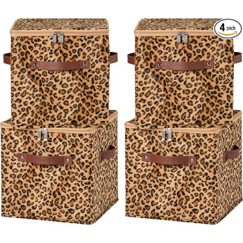 4PCS Storage Cubes with Zipper Lid 11 Inch Leopard Print Velvet Fabric Cute Decorative Storage Bins Boxes PU Leather Handles Closet Organizer Container Foldable Washable Shelf Basket