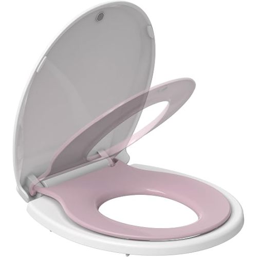 Toilet Seat Cover,17” Toddler Toilet Seat with Built-In Potty Seat for Kids, Soft-Close PP Material for Safe Use, Easy Installation for Home Bathroom Upgrade - Pink Lid