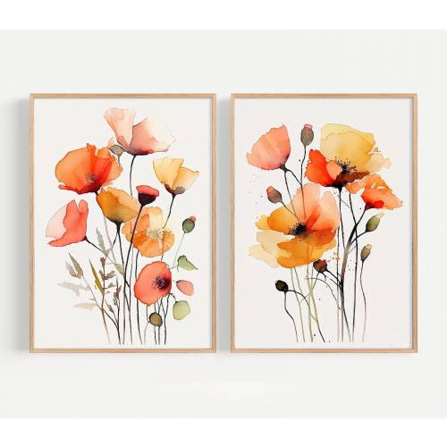 Poppies Print Set of 2 California Poppy Watercolor Floral Art Print Farmhouse Wall Art Botanical Poster