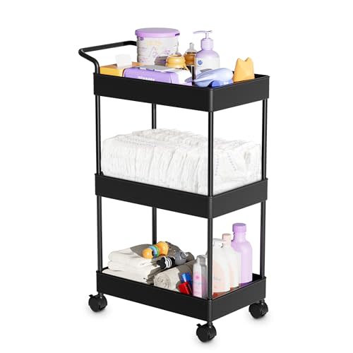 Volnamal Baby Diaper Caddy Plastic Diaper Organizer for Nursery Essentials, Movable Cart for Changing Table & Crib, Easy to Assemble, Black