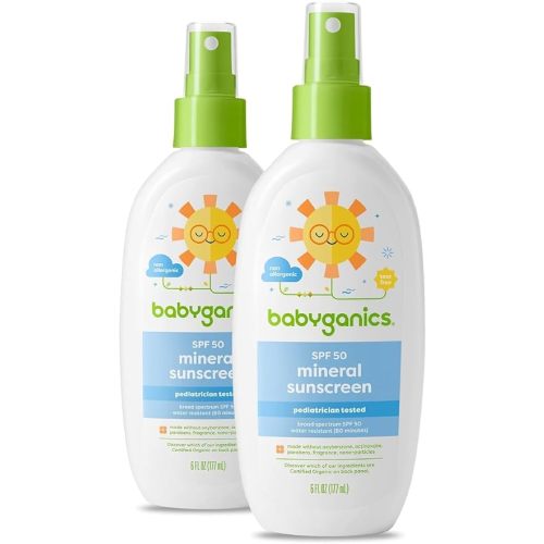 Babyganics SPF 50 Baby Sunscreen Spray | UVA UVB Protection | Octinoxate & Oxybenzone Free | Water Resistant, Unscented, 6 Ounce (Pack of 2)