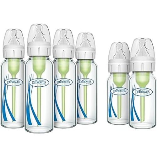 Dr. Brown’s Anti-Colic Narrow Glass Baby Bottles 8 oz 4-Pack & 4 oz 2-Pack with Level 1 Slow Flow Nipples Bundle, BPA Free, 0m+, Clinically Proven to Reduce Colic and Aid Digestion
