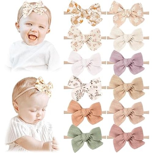 Niceye Baby Headbands and Hairbands Set - 12 Packs of Stretchy Nylon Handmade Hair Accessories for Newborns, Infants, and Toddler Girls