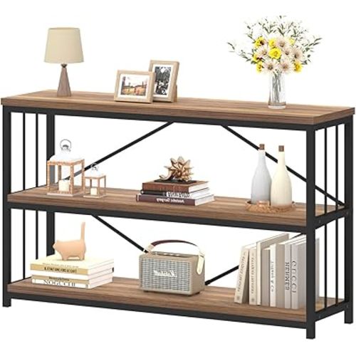 IBF 3 Tier Bookshelf Storage Organizer, Industrial Short Wide Open Horizontal Bookcase, Farmhouse Low Wood Metal Book Shelf for Office, Modern Vintage Etagere in Bedroom Living Room, Rustic Oak, 47 In