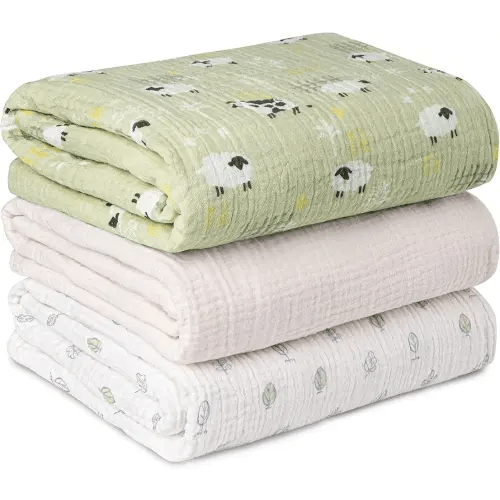 Muslin Swaddle Blankets for Newborn, 3 Pack Breathable Soft Receiving Blanket, Large 38 x 40 inches Swaddle Wrap Burping Clothes Diapers, Essentials Infant Shower Items, Toddler Gift (Cute Farm)